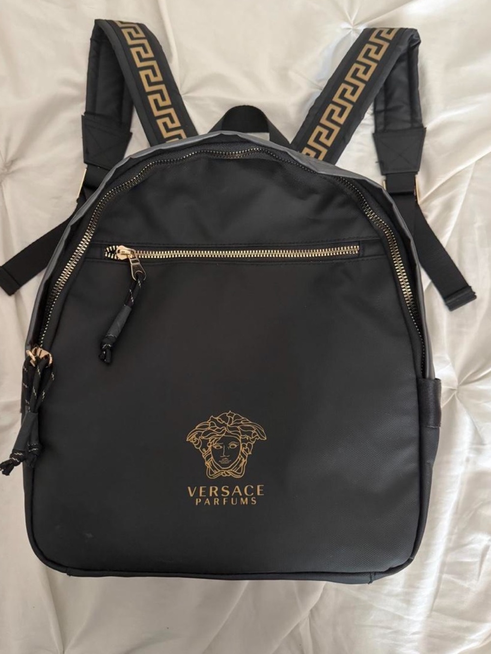 VERSACE PARFUMS Black Logo Backpack with Gold Accents